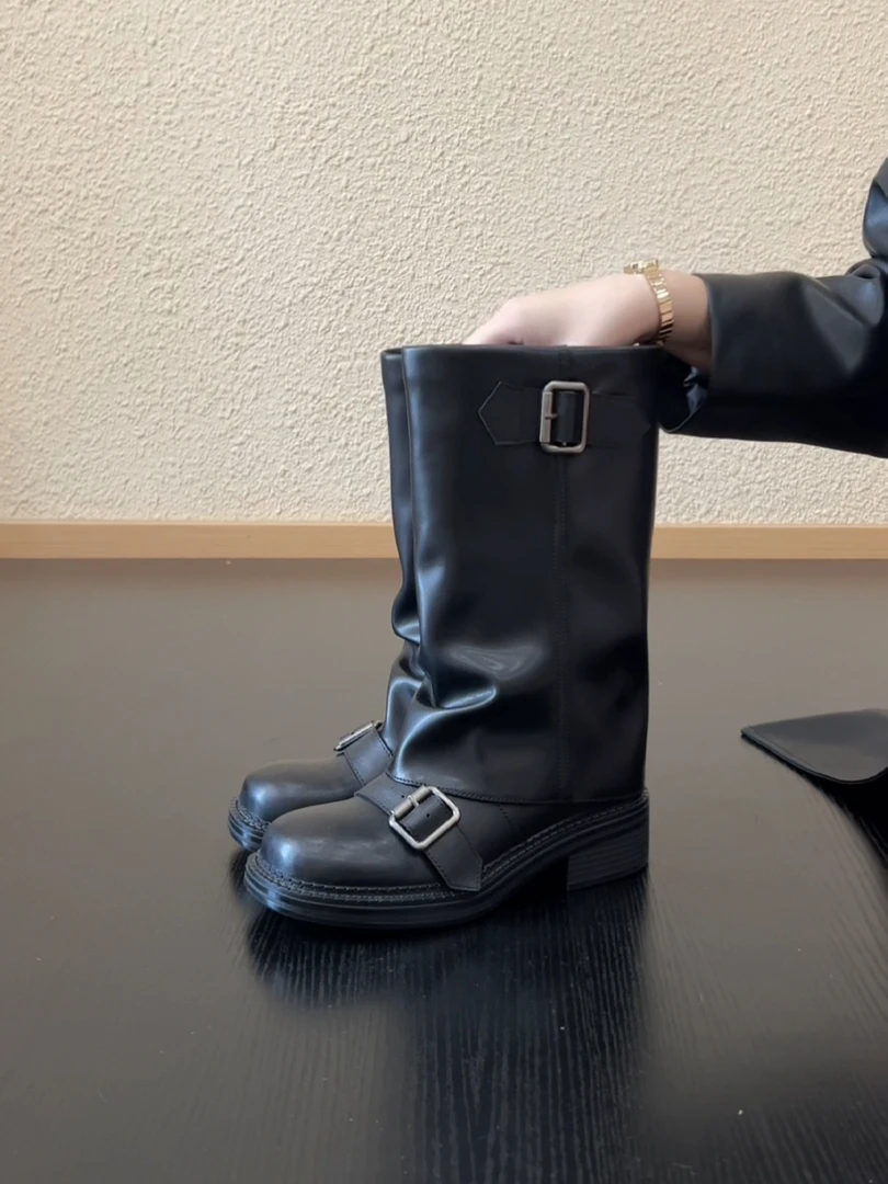 Pokoy-4cm复古风圆头中筒骑士靴设计感双皮带扣通勤裤管靴