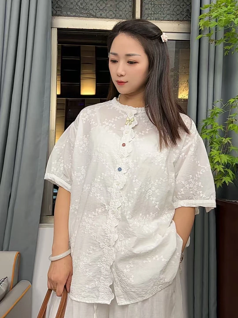 夏季蕾丝韩系宽松大版纯棉刺绣气质碎花时尚百搭上衣衬衫休闲女装