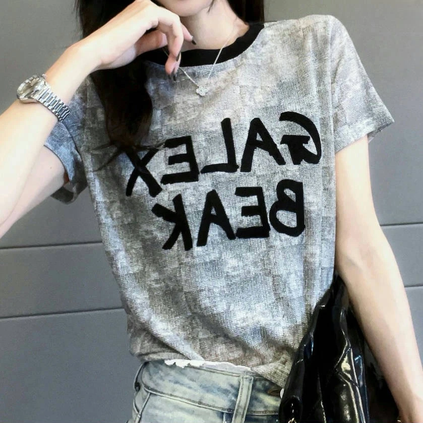 2025夏季新款欧货字母短袖T恤女修身显瘦时尚休闲百搭上衣
