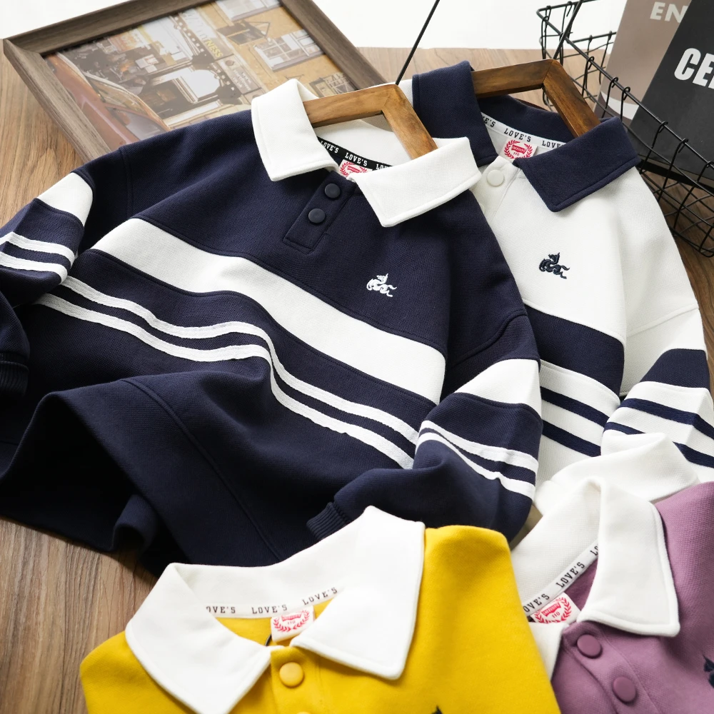 男童儿童秋季新款拼接横条休闲polo衫中大童翻领洋气上衣S754
