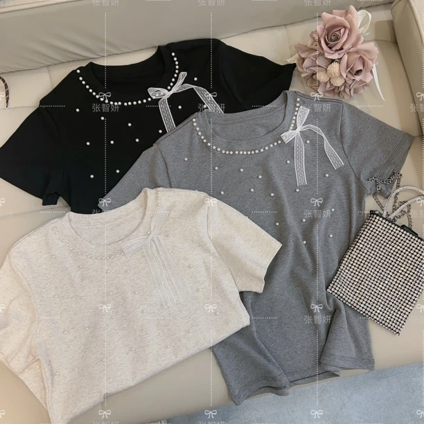 【钉珠蕾丝】重工珍珠拼接蝴蝶结短袖T恤女2025夏季新款百搭上衣