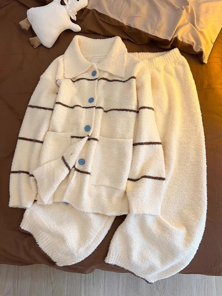 甜美黑白针织半边绒情侣睡衣女秋冬季2025加绒加厚家居服套装外穿