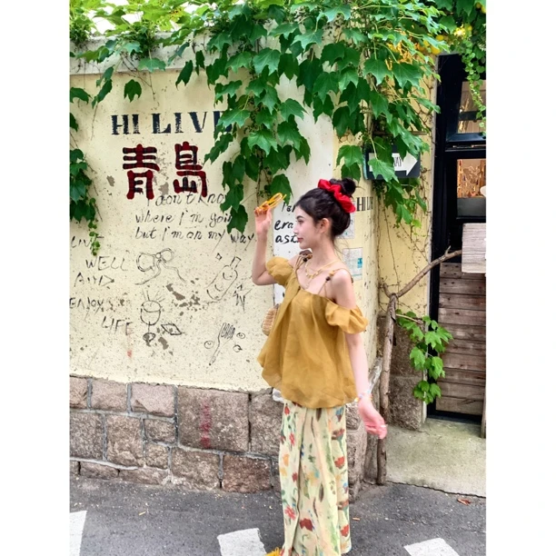【赵小小&海岛时光】27996 韩系风露肩压褶一字肩娃娃款法式上衣