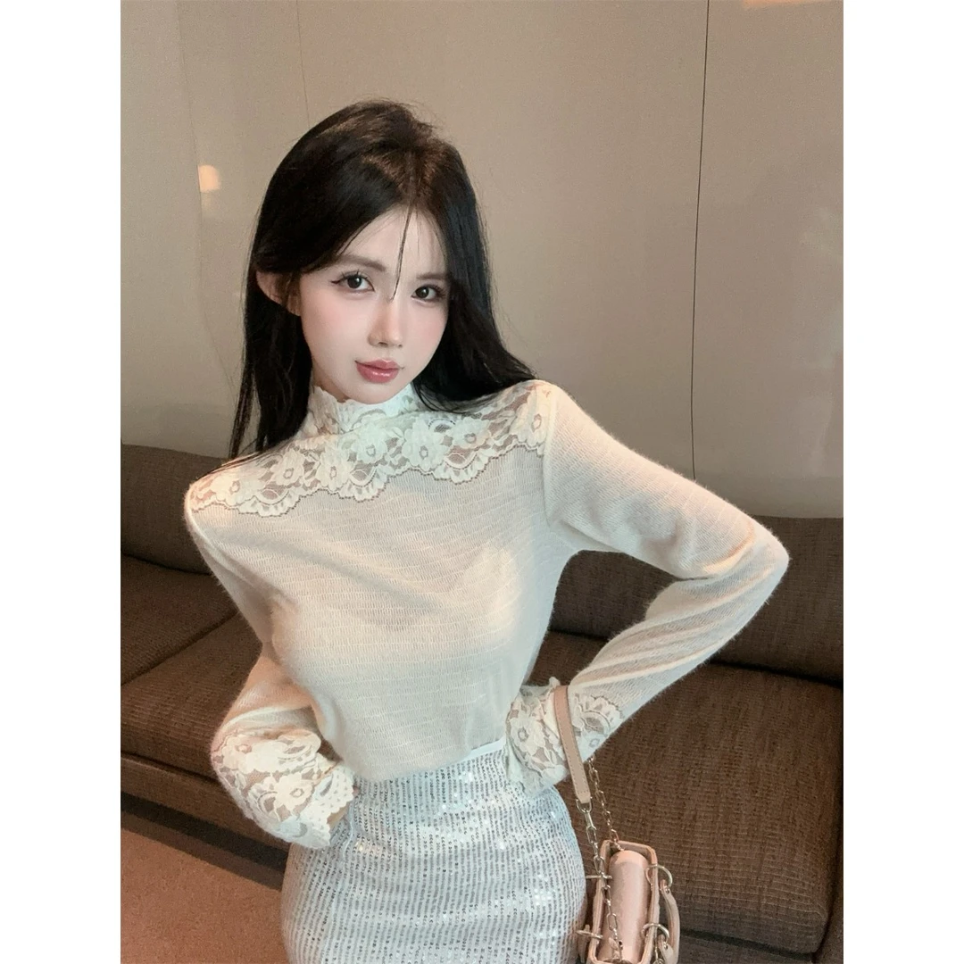 蕾丝高领长袖百搭打底衫上衣2024秋冬季新款休闲宽松长袖T恤套头