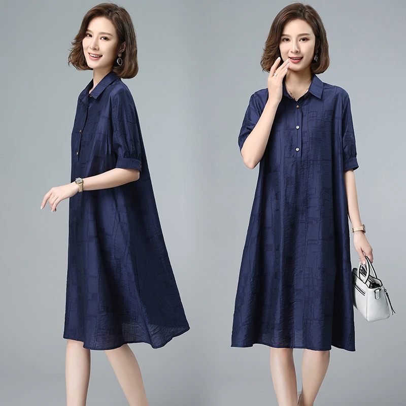 天丝连衣裙女夏季2025新款宽松遮肚子大码洋气衬衫裙妈妈休闲裙子