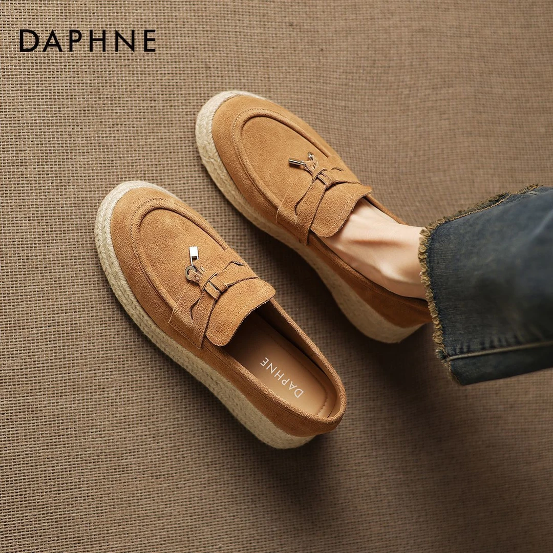 达芙妮老钱风乐福鞋女2025新款秋季真皮厚底增高单鞋女草编渔夫鞋