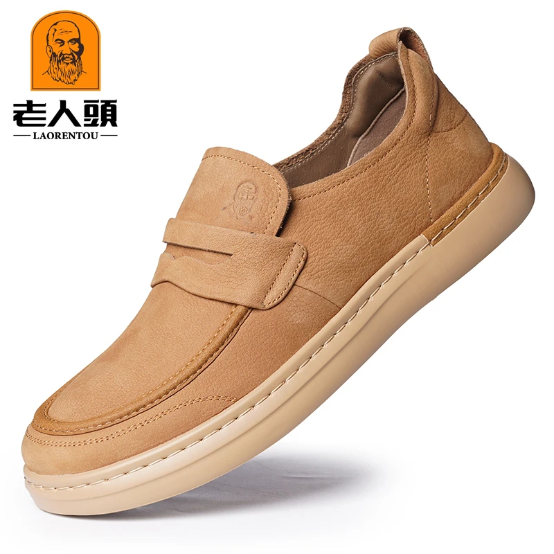 老人头一脚蹬圆头素面春秋平跟休闲皮鞋韩版百搭潮流透气SN50010