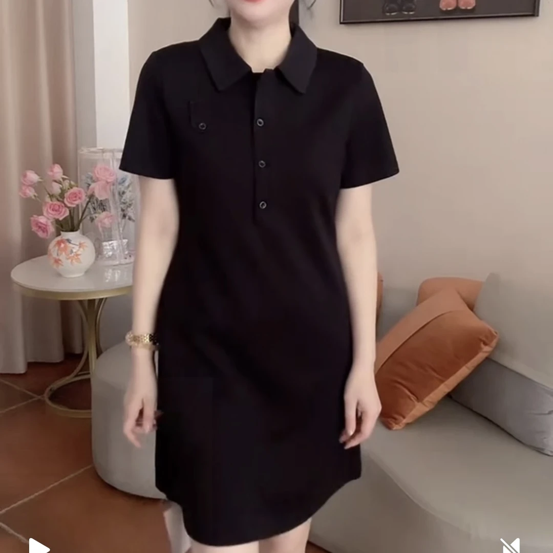 夏季气质显瘦收腰连衣裙翻领设计简约休闲百搭黑色polo裙5110