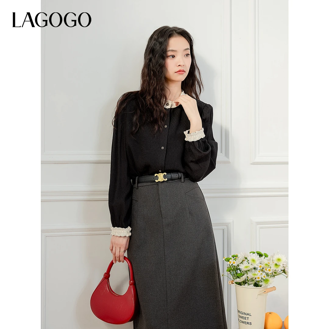 LAGOGO亮丝提花黑色衬衫拉谷谷2025新款蕾丝法式上衣OACC451G02