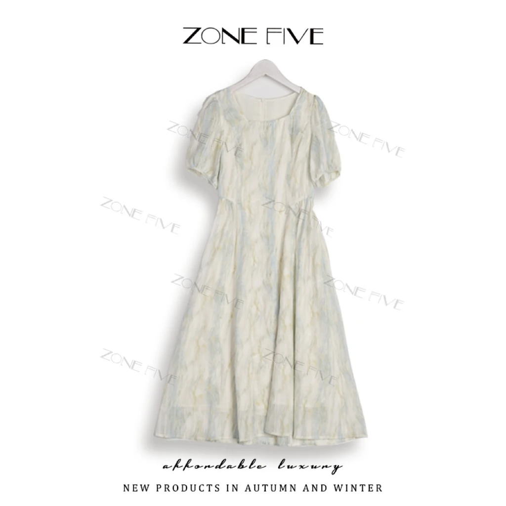 【zonefive】【鸢尾幽梦】夏季新款方领晕染系时尚显瘦温柔连衣裙