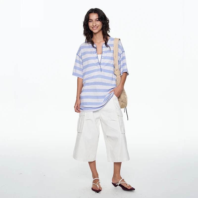 THE ENES 时髦休闲高智复古亨利领粗条仿麻短袖T恤