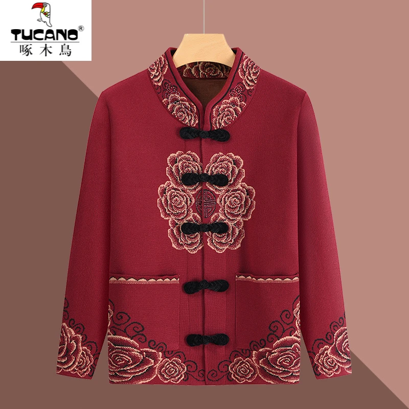 啄木鸟奶奶秋冬国风针织衫开衫外套老人生日过寿衣服女80岁妈妈喜