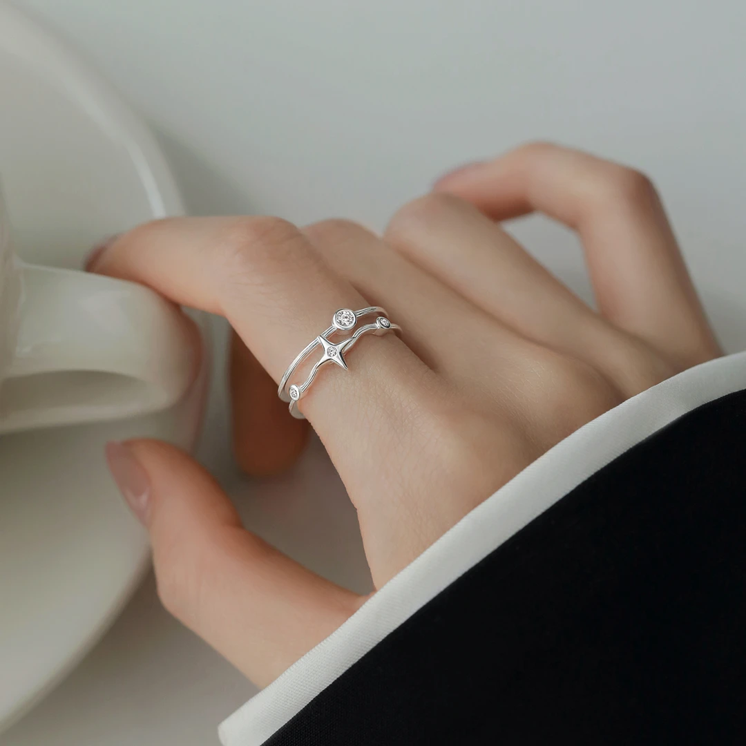 925银戒指 S925银双层四芒星戒指可调节素圈时尚个性小众开口戒女