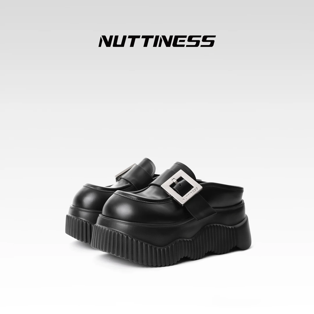 【NUTTINESS】春季新款上新时尚圆头纯色百搭真皮增高圆头半拖鞋