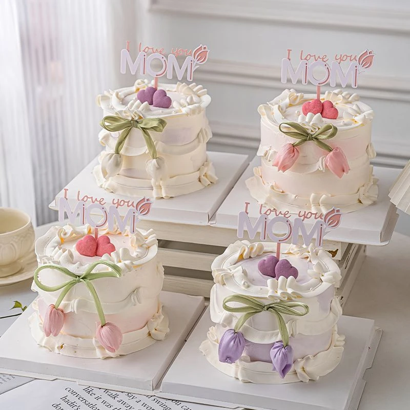 郁金香花苞丝带2025母亲节网红唯美蛋糕装饰亚克力MOM妈妈插牌