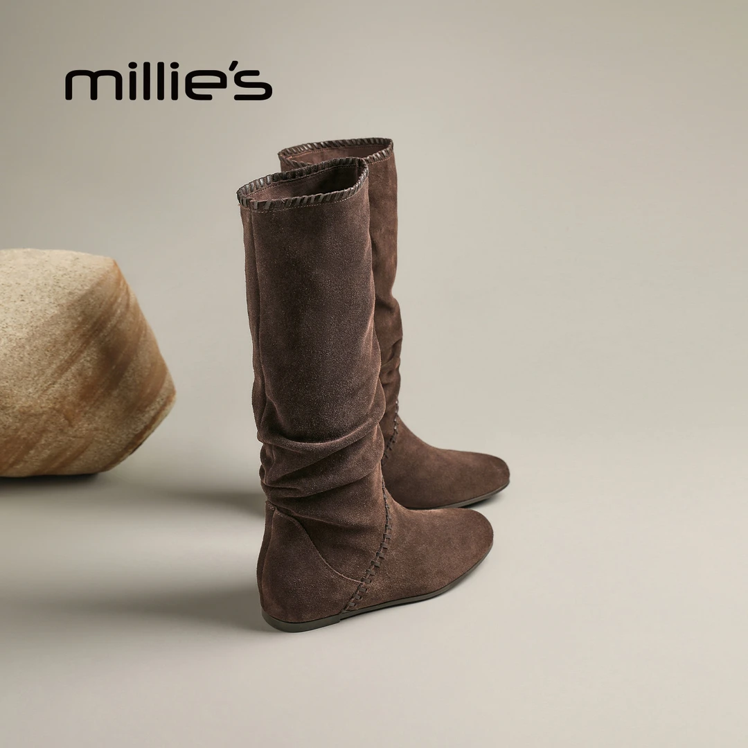 MILLIE'S/妙丽女鞋2025年秋新款时尚百搭显瘦长靴复古真皮堆堆靴
