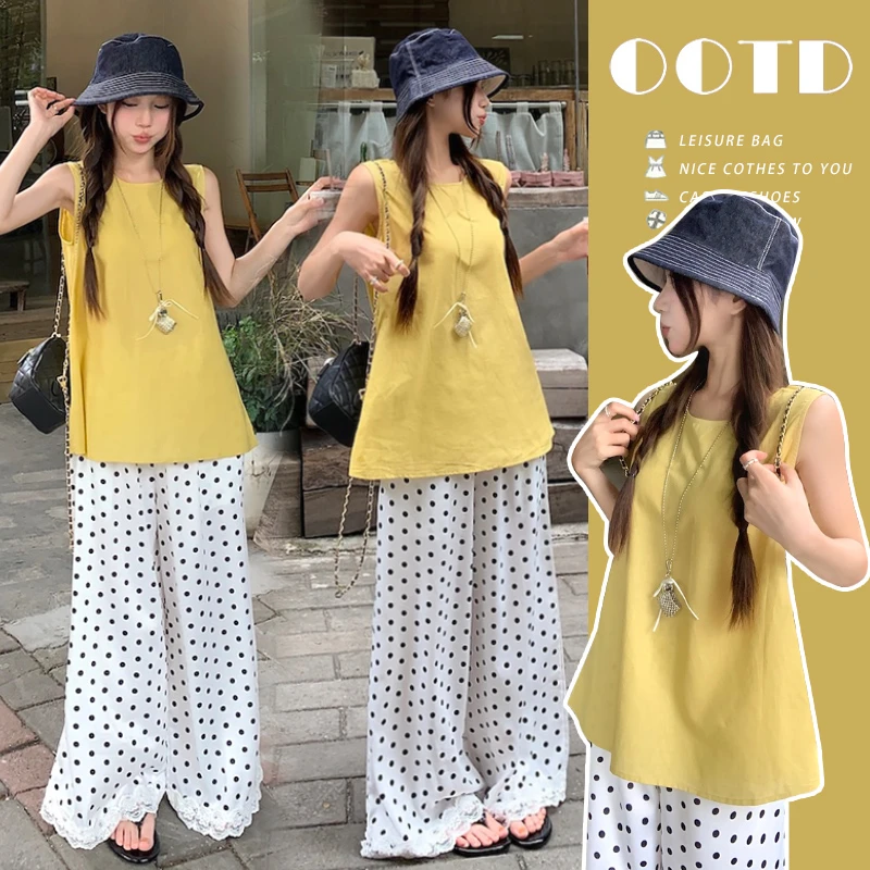孕妇装夏季2025新款韩版宽松甜美减龄黄色无袖上衣裤子两件套女