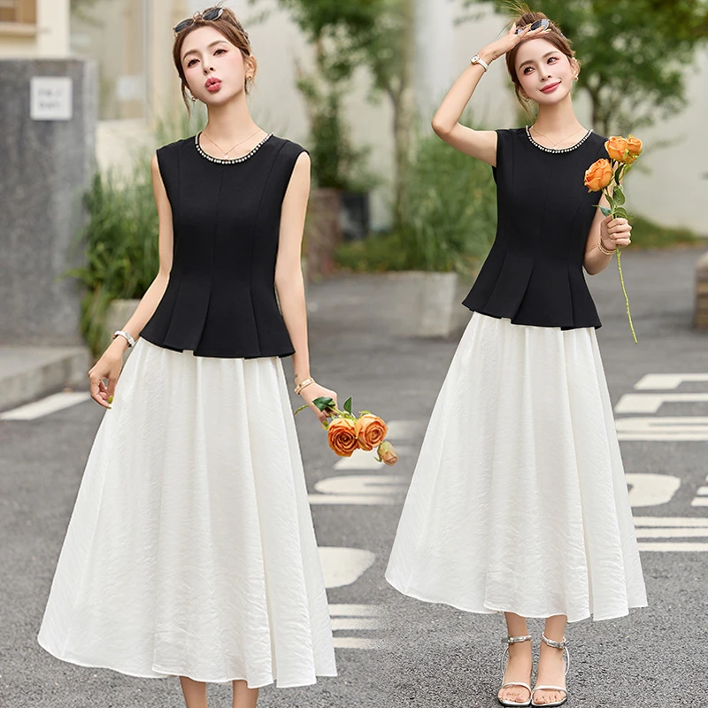 小香风无袖钉珠套装裙女2025夏季新款高级感气质显瘦半身裙两件套