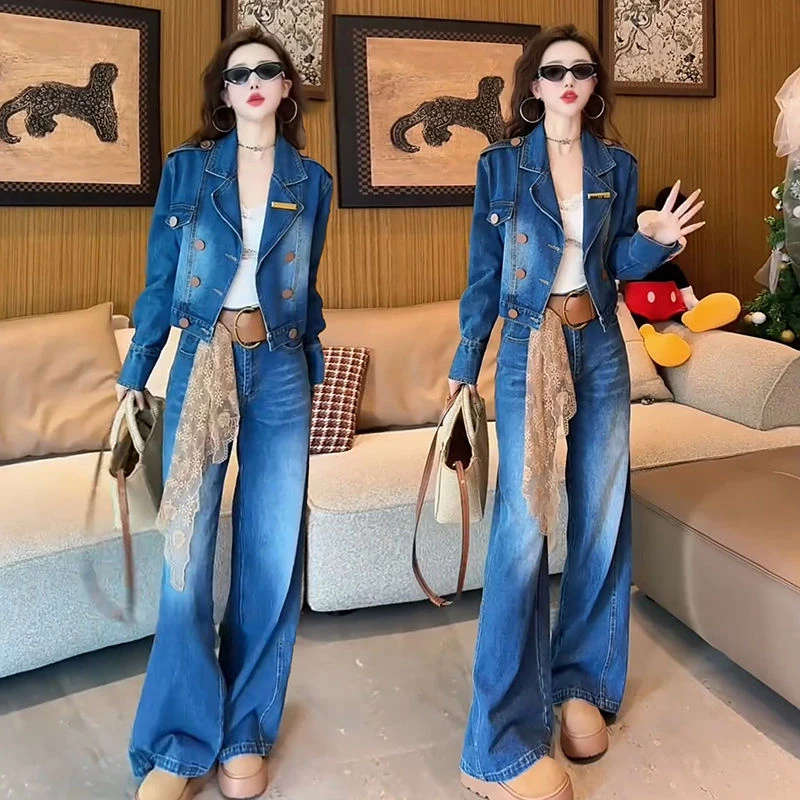 欧货时尚牛仔套装女2025春秋新款显瘦短款牛仔外套阔腿裤两件套潮
