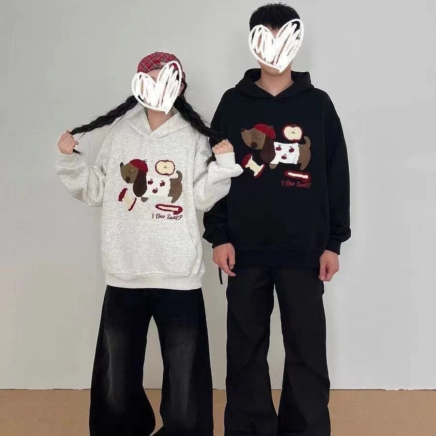 美式秋季毛巾可爱苹果小狗腊肠狗刺绣卫衣情侣减龄宽松连帽上衣