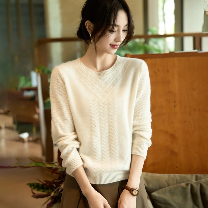 纯羊毛绞花圆领衫女款圆领套头针织衫纯色秋冬洋气宽松百搭打底衫