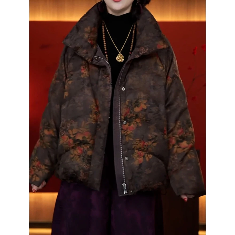 优雅文艺风印花高领保暖棉服女2025冬季新款贵夫人休闲风显瘦外套