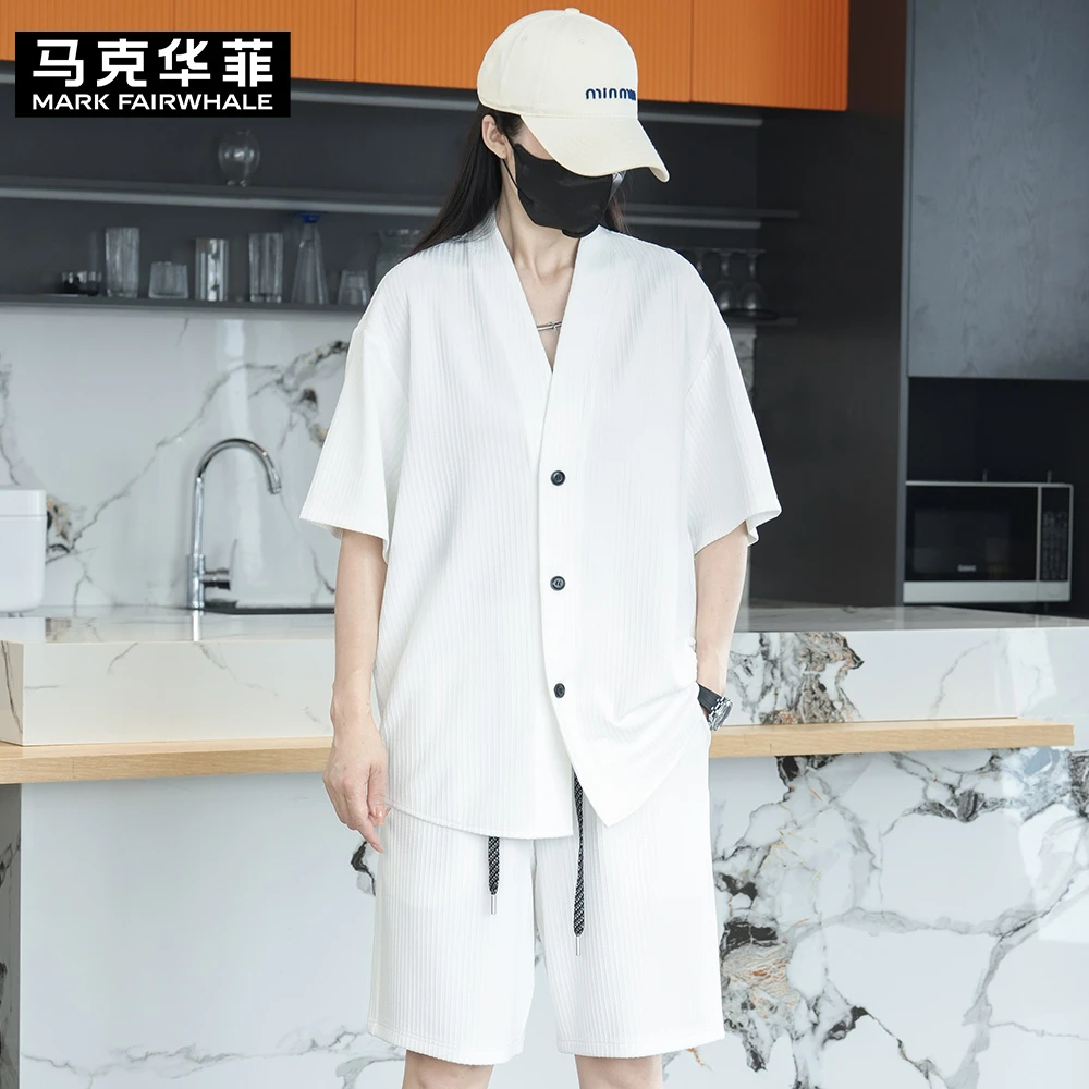 MARK FAIRWHALE/马克华菲2025男士夏季套装黑色V领短袖宽松短裤男