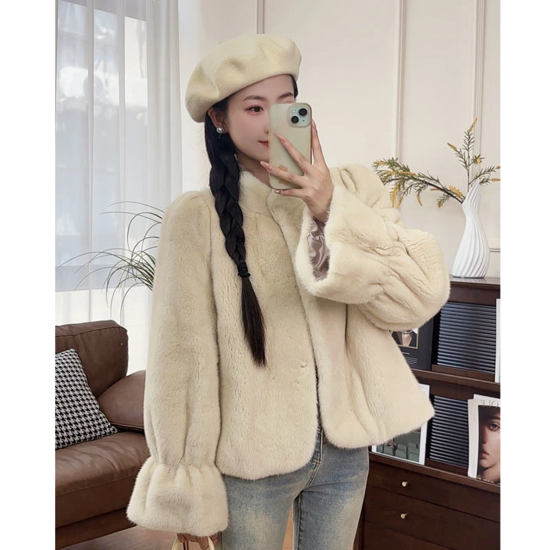 【珊珊】丹麦进口紫金天鹅绒短二立领水貂大衣外套女D25016