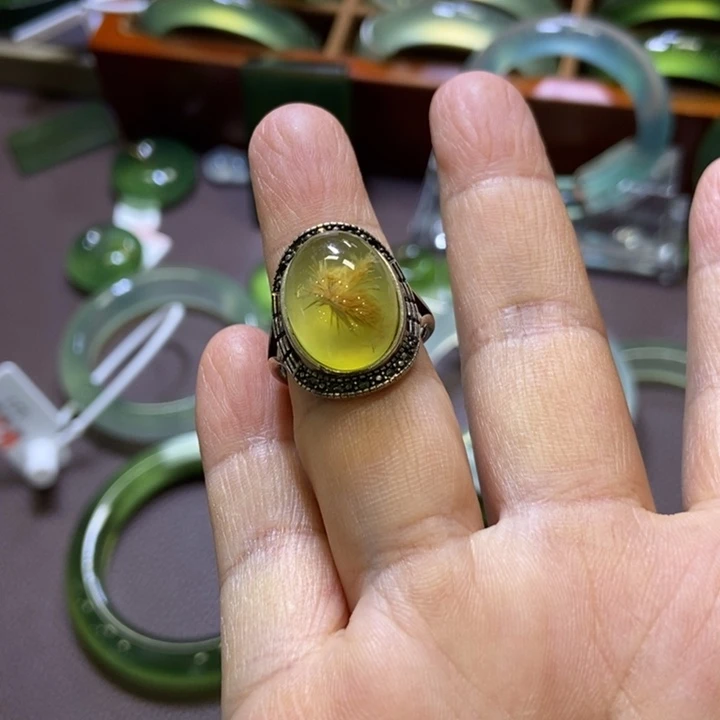 蛇纹石玉银S925镶嵌手镯52戒指