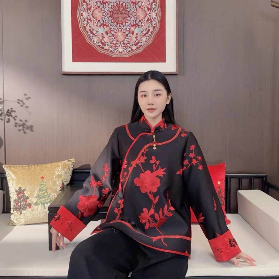 Betty Bairn【露凝紫珠】新中式醋酸撞色刺绣斜襟太太服上衣BW5353