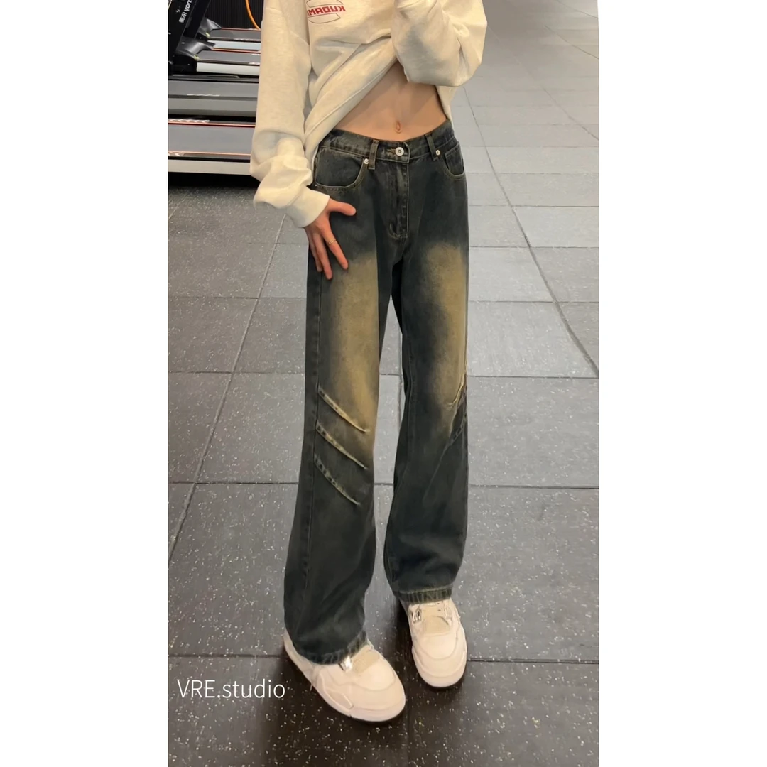 秋季宽松长裤阔腿褶皱微喇裤美式爆帅男神水洗潮流微喇牛仔裤男女