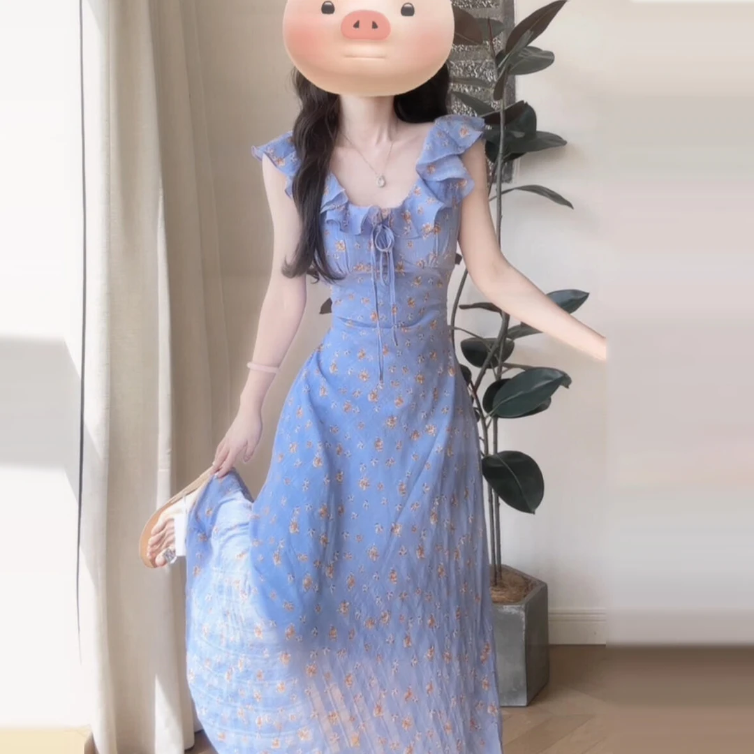 法式蓝色碎花吊带连衣裙子女夏季2025新款独特漂亮绝美巨好看长裙