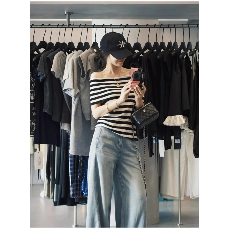 韩系chic别致独特漂亮绝美一字肩上衣女夏季条纹针织冰丝短袖T恤