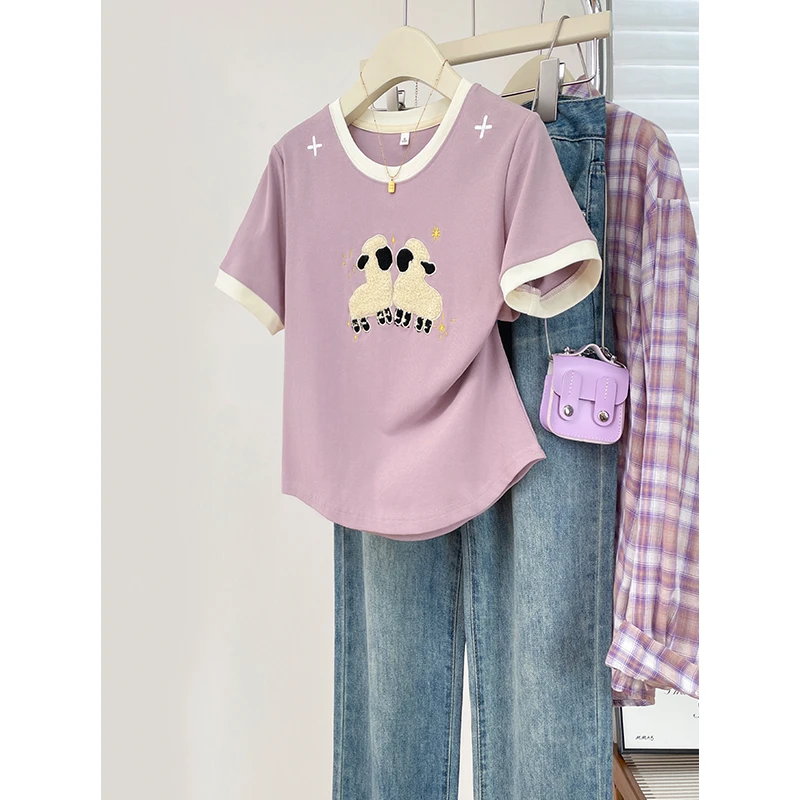 小羊刺绣甜美撞色圆领短袖上衣服夏季新款时尚百搭独特漂亮小衫