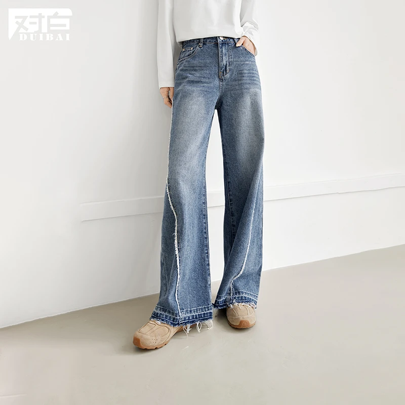 对白松弛感宽松毛边直筒牛仔裤女2025春季新款蓝色复古显瘦阔腿裤