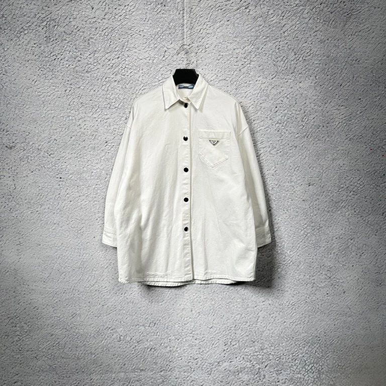 99新 Prada/普拉达 白色铁牌三角标Logo长袖衬衫外套 36码