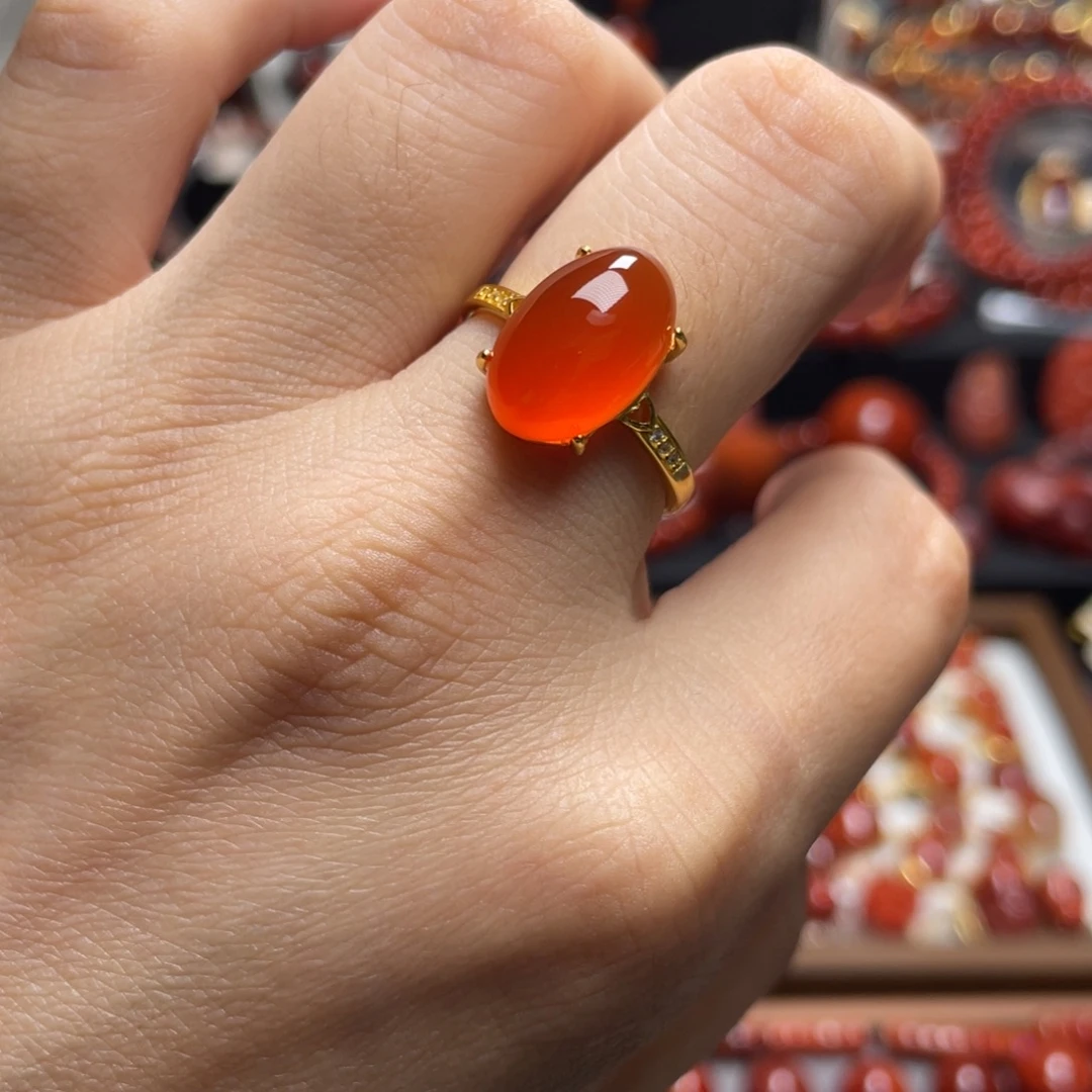 南红玛瑙银S925镶嵌冰红戒指