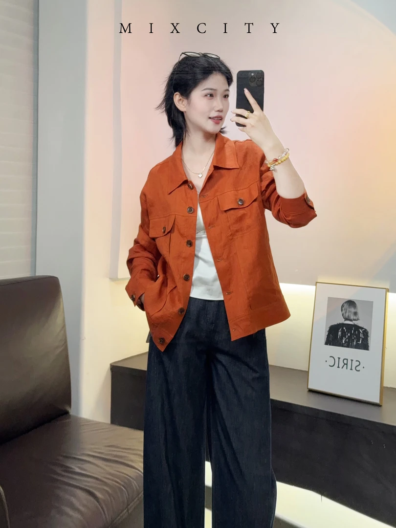 【亚楠本楠】落橘外套◆超好看复古橘色100%亚麻工装外套8240