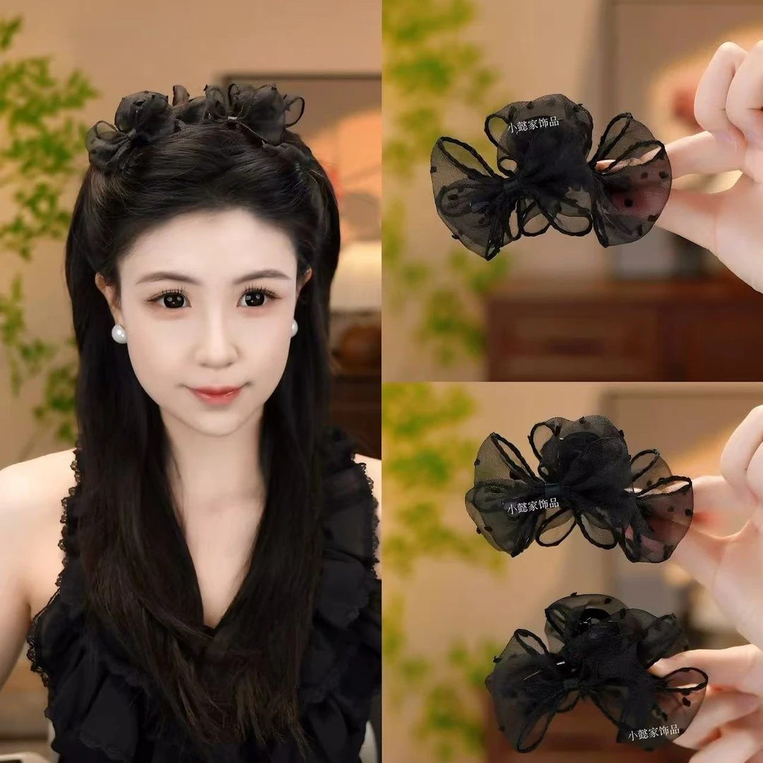 小懿家特惠【黑天鹅】丸子头蝴蝶结抓夹千金风百搭AB面网纱发夹7cm
