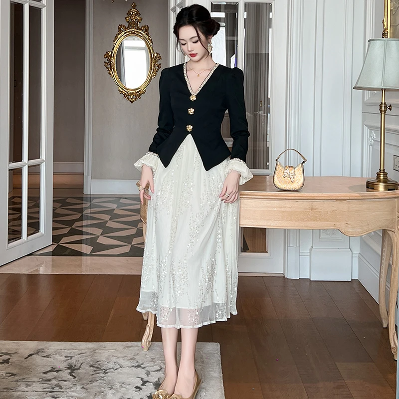 21612 小香风显瘦气质时尚法式拼接名媛轻奢优雅收腰连衣裙