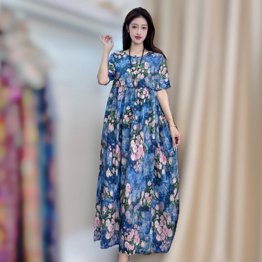 【蓝色花海】2025新款夏季宽松气质时尚遮肉度假长款沙滩裙连衣裙