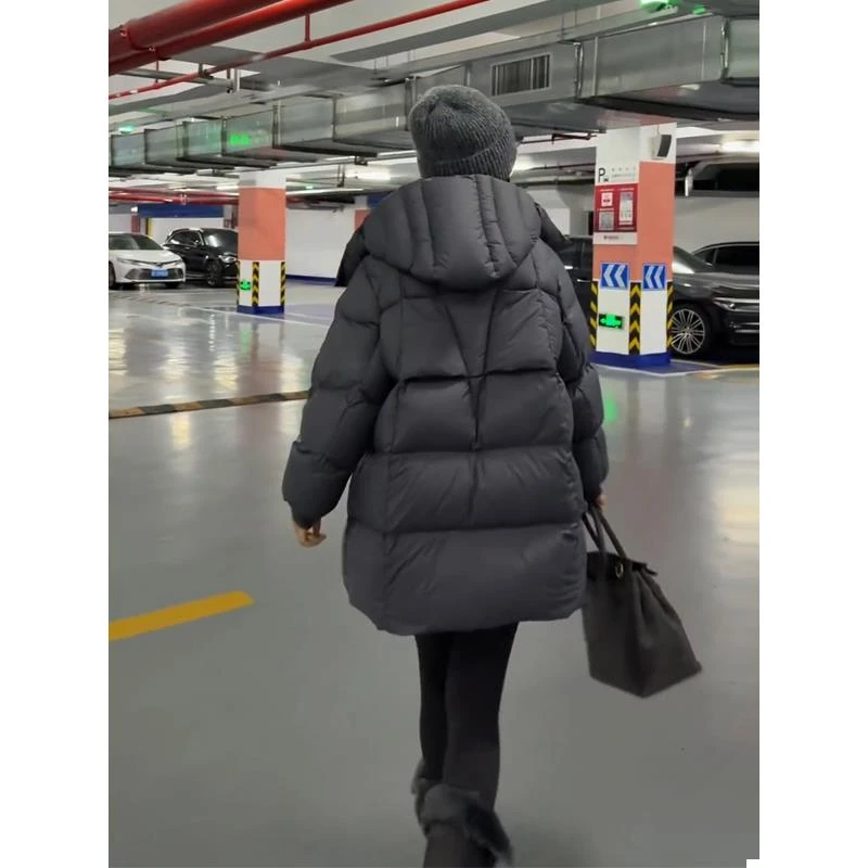 烟灰色羽绒服女中长款加厚小个子中款2025新款冬季面包服宽松外套