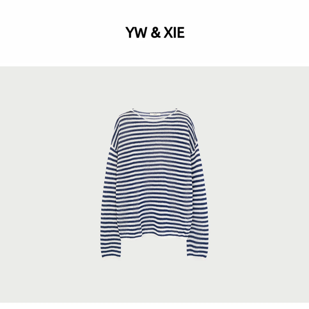 YW&XIE<075-1>进口和纸纱 休闲防晒长袖T恤上衣女宽松蓝白条纹