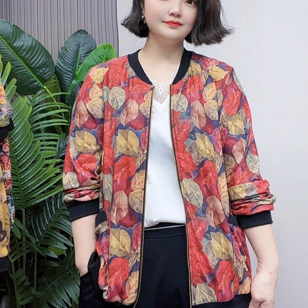 福椰宽松大码春夏款时尚显瘦印花口袋长袖上衣洋气百搭外套女