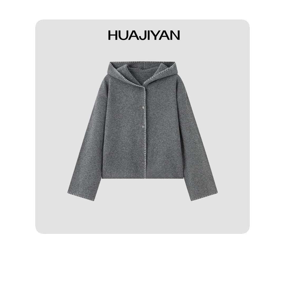 华吉言/HUAJIYAN【刻度】100绵羊毛手工缝线连帽上衣外套