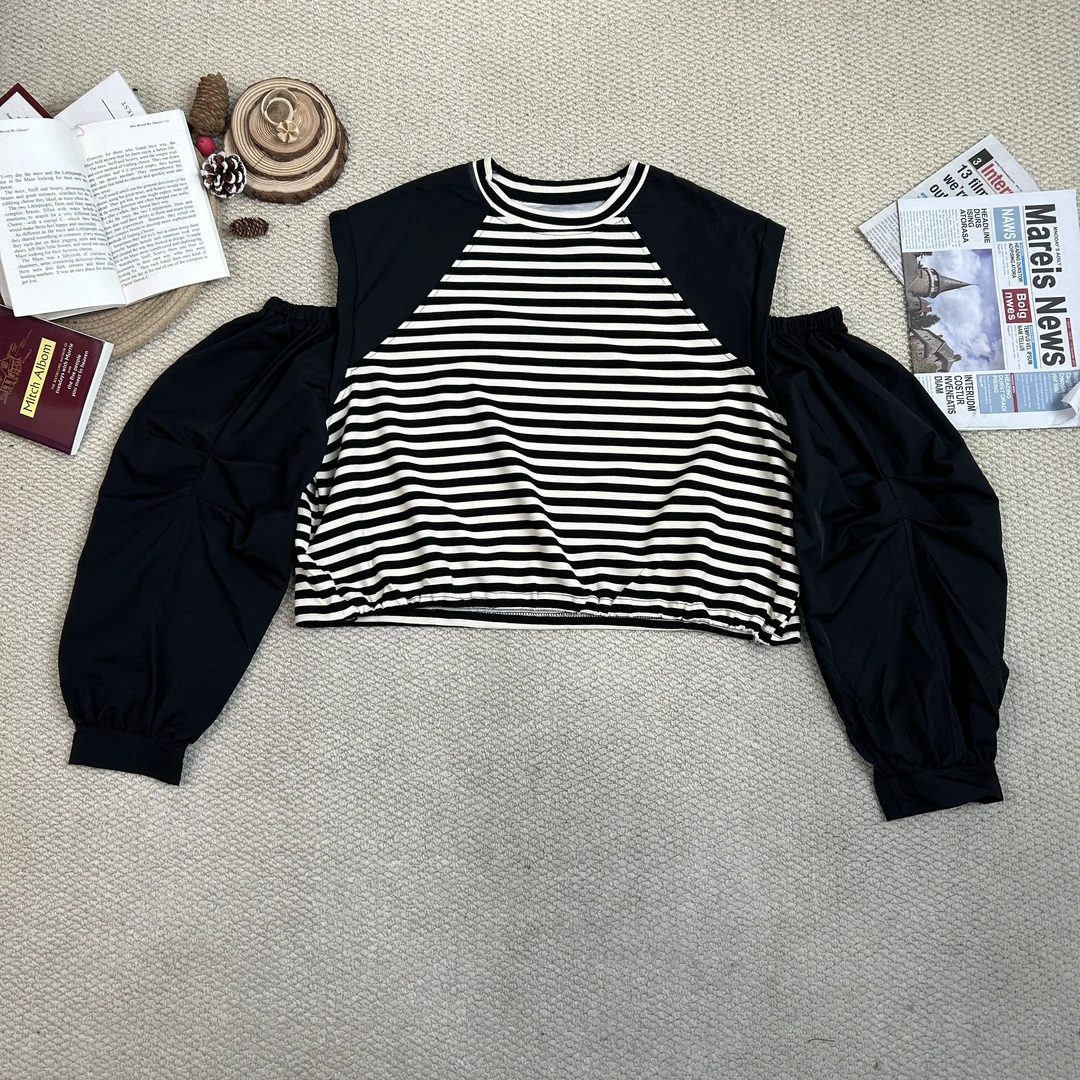 2025春季新款休闲时尚条纹拼色断袖卫衣9792