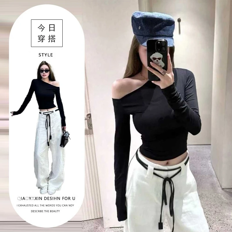 一整套高级感御姐穿搭套装春秋时尚性感辣妹斜肩上衣女休闲阔腿裤
