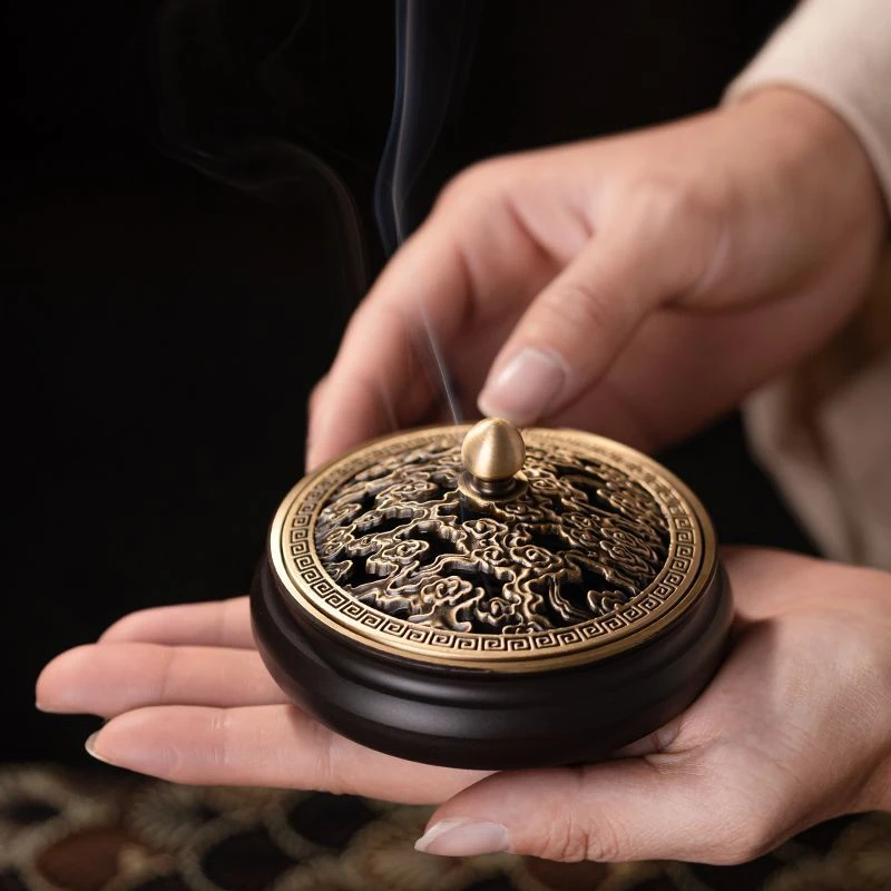 盘香炉黄铜香炉古风室内檀香炉香薰沉香盘香茶道高级檀香薰炉黑色