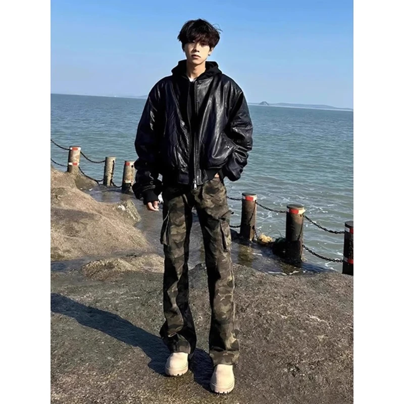 美式迷彩微喇工装裤男春秋大口袋牛仔裤子cleanfit直筒加长弯刀裤