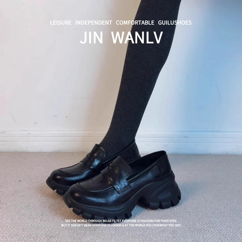 羊皮版~2025新款法式圆头深口松糕底一脚蹬厚底小皮鞋黑色单鞋女